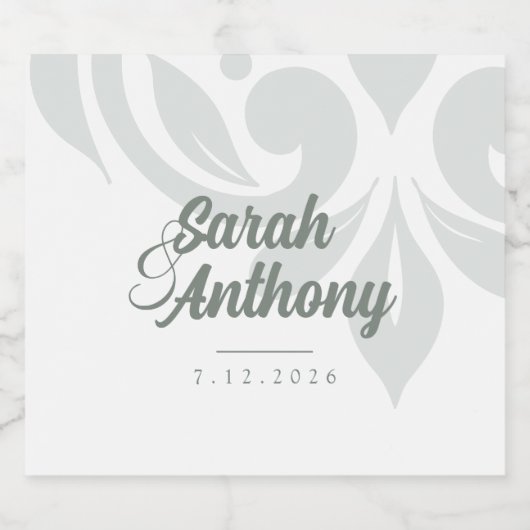 Earthy Olive & Ivory Damask Moderne Script Wedding Schaumweinetikett (Einzelnes Label)