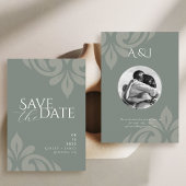 Earthy Olive Script Damask Foto Wedding Save The Date