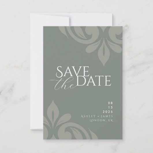 Earthy Olive Script Damask Foto Wedding Save The Date (Vorderseite)