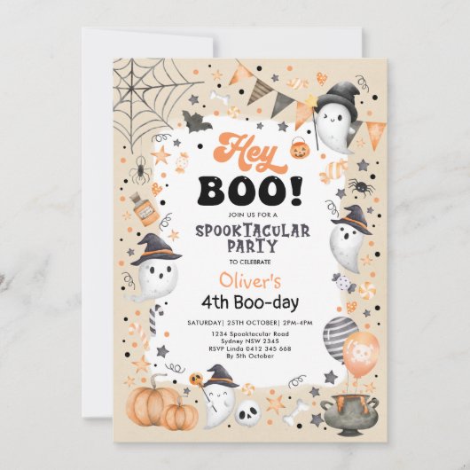Earthy Orange Black Halloween Ghost Boy Birthday Einladung (Vorderseite)