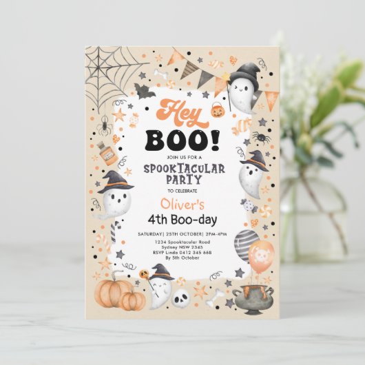 Earthy Orange Black Halloween Ghost Boy Birthday Einladung (Stehend Vorderseite)