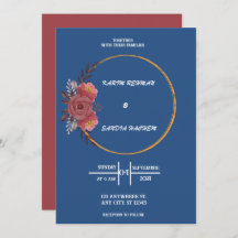 Earthy Orange Rose Floral Navy Blue Wedding Invi