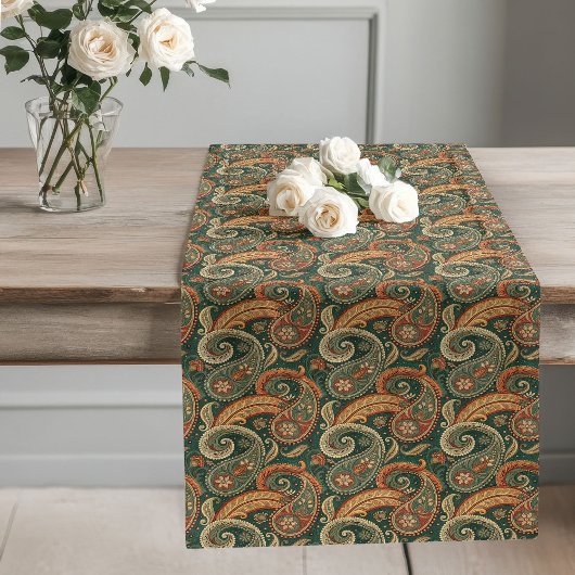 Earthy Paisley Boho Dark Green Brown Copper Sage Großer Tischläufer