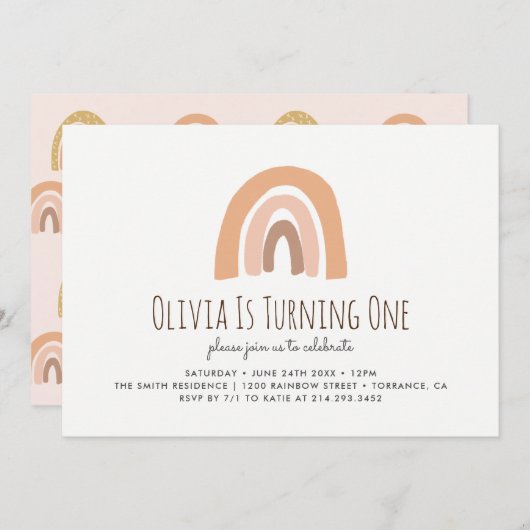 Earthy Pastel Rainbow 1. Geburtstag Einladung (Vorne/Hinten)