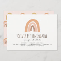 Earthy Pastel Rainbow 1. Geburtstag Einladung
