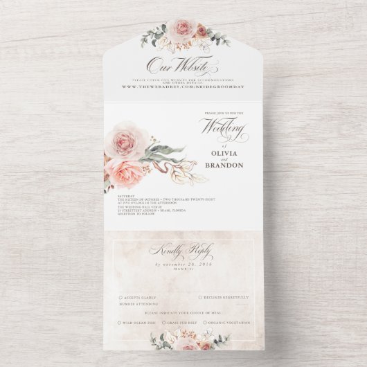 Earthy Pink Blume Elegant Boho Wedding All In One Einladung (Innen Boden)