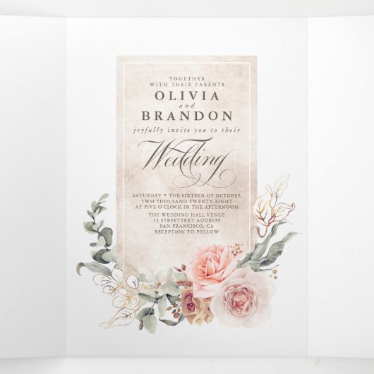 Earthy Pink Blume Elegant Boho Wedding Dreifach Gefaltete Einladung (Innenseite Mitte)