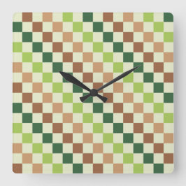 Earthy rainbow diagonal checkerboard pattern quadratische wanduhr
