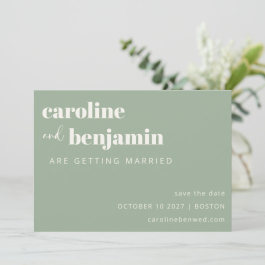 Earthy Sage Green Minimalistisch Modern Wedding Si Save The Date (Stehend Vorderseite)