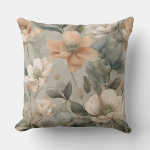 Earthy Sage Green Peach Floral Print Kissen