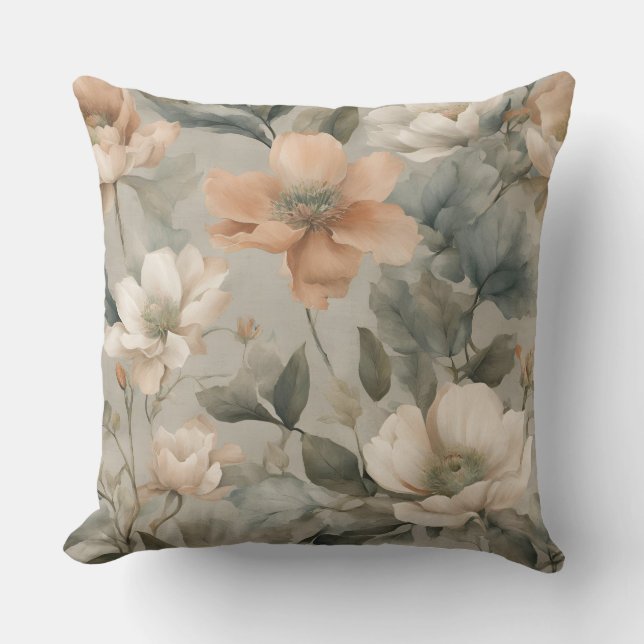 Earthy Sage Green Peach Floral Print Kissen (Vorderseite)