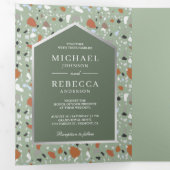 Earthy Sage Green Terrazzo Tile QR Code Wedding Dreifach Gefaltete Einladung (Innen Erste Seite)