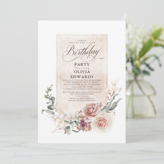Earthy Shade Blume Boho Elegant Birthday Party Einladung (Stehend Vorderseite)