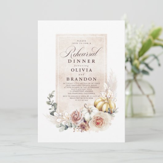 Earthy Shade Floral Pumpkins Boho Probe Dinner Einladung (Stehend Vorderseite)