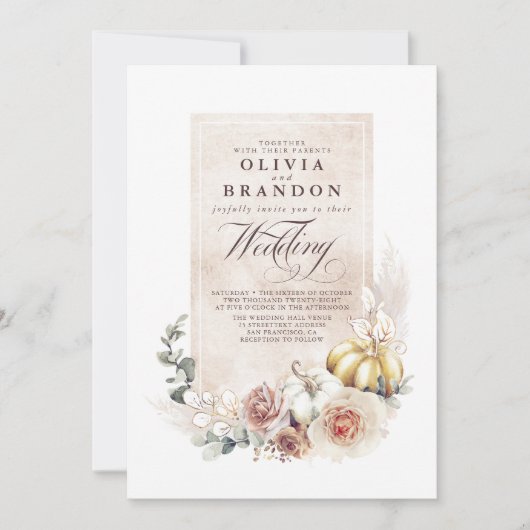 Earthy Shades Floral Pumpkins Boho Hochzeit im Her Einladung (Vorderseite)