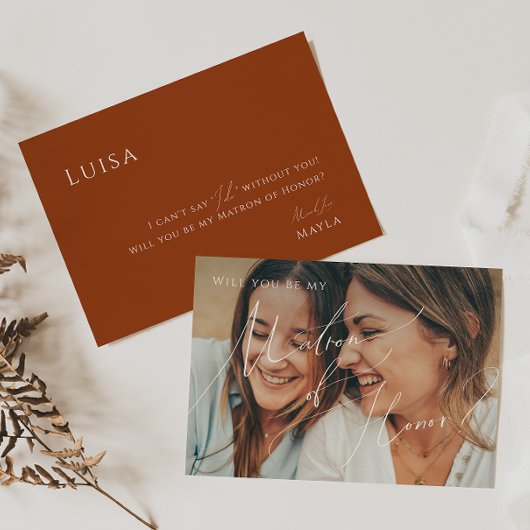 Earthy Terracotta Faded Foto Matron of Honor Card Einladung