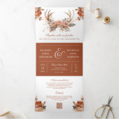 Earthy Terracotta Floral Antlers QR Code Wedding Dreifach Gefaltete Einladung (Innenseite)