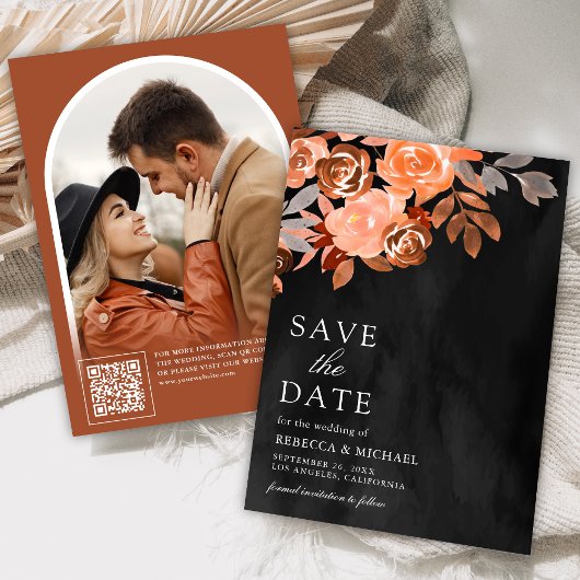Earthy Terracotta Floral Wedding Foto Black Save The Date
