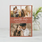 Earthy Terracotta Script Foto Collage Wedding Save The Date (Stehend Vorderseite)