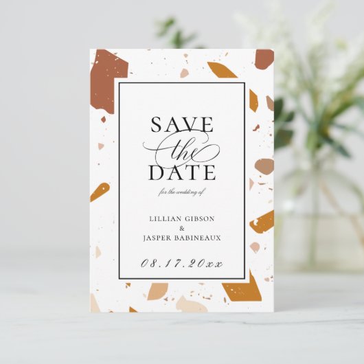 Earthy Terrazzo Pattern Save the Date Ankündigung (Stehend Vorderseite)