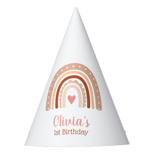 Earthy Tone Boho Rainbow Girls Erster Geburtstag Partyhütchen (Vorderseite)
