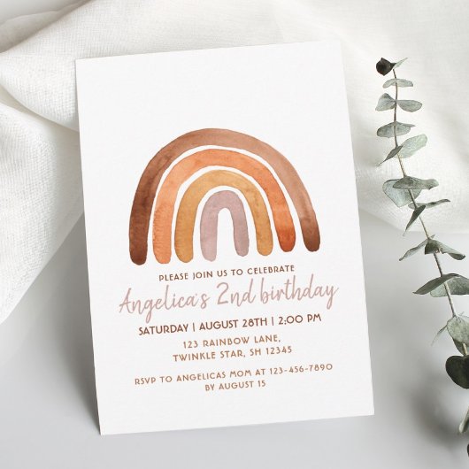 Earthy Tone Watercolor Rainbow 2. Geburtstag Einladung