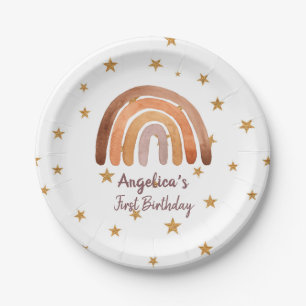 Earthy Tone Watercolor Rainbow Erster Geburtstag   Pappteller