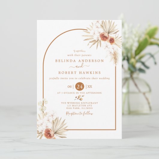  Earthy Tones Rose Boho Pampas Grass Wedding Invit Einladung (Stehend Vorderseite)