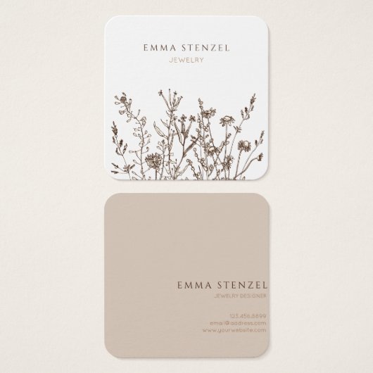 Earthy Wild Blume Floral Square Business Card (Vorne & Hinten)