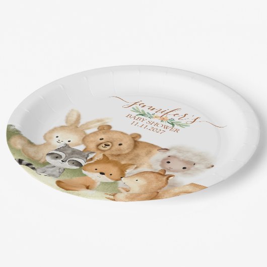 Earthy Woodland Animals Baby Celebration Pappteller (Schrägansicht)