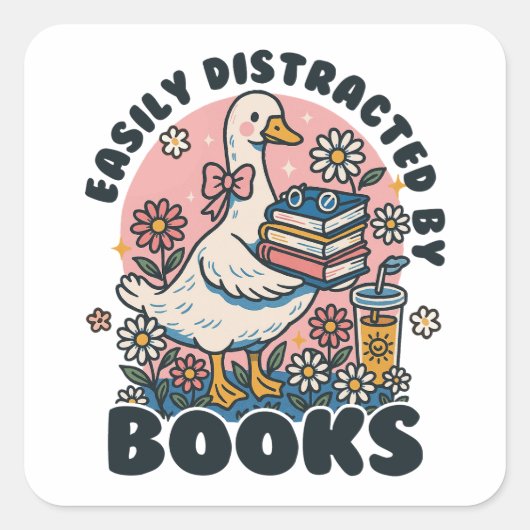 Easily Distracted by Books Cute Goose Bookworm Quadratischer Aufkleber (Vorderseite)