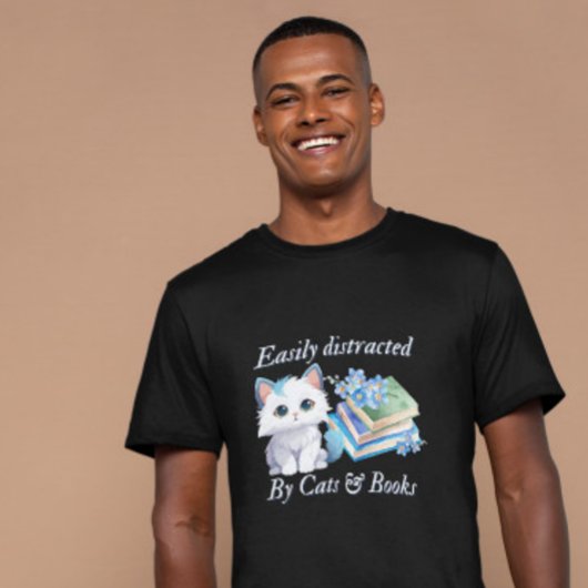 Easily Distracted by Cats & Books Art T-Shirt