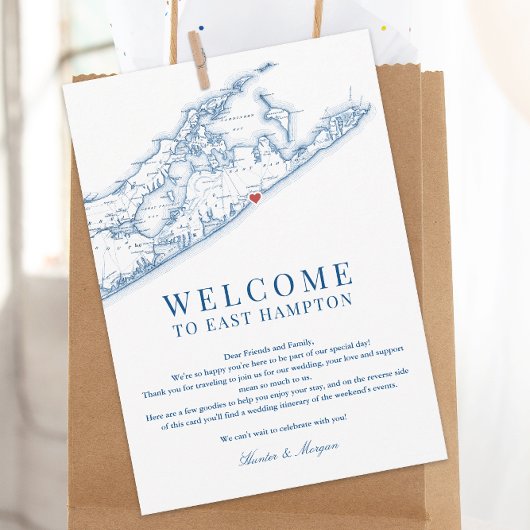 East Hampton Map Wedding Welcome Letter Navy Blue Dankeskarte
