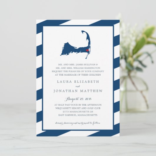 East Harwich Navy Blue Cape Cod Map | Hochzeit Einladung (Stehend Vorderseite)