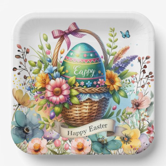 Easter Basket Eggs & Spring Flowers Pappteller (Vorderseite)