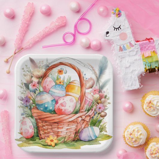Easter Basket Eggs & Spring Flowers Pappteller (Party)