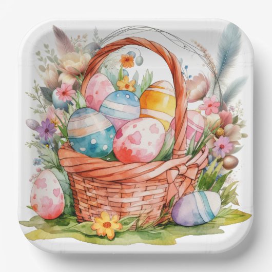 Easter Basket Eggs & Spring Flowers Pappteller (Vorderseite)
