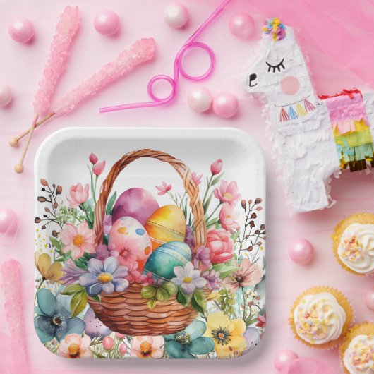 Easter Basket Eggs & Spring Flowers Pappteller (Party)