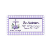 Easter Blessings Cross with Flowers Purple Gingham Adressaufkleber (Vorne)