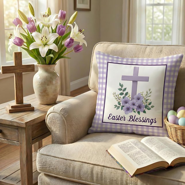 Easter Blessings Cross with Flowers Purple Gingham Kissen (Von Creator hochgeladen)