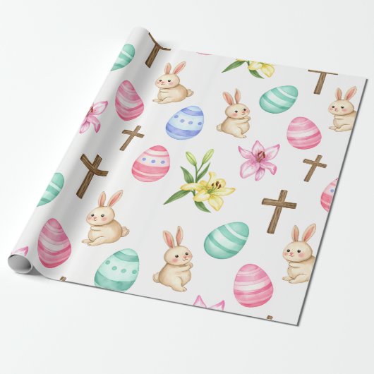 Easter Blessings – Seamless Bunny & Cross Pattern Geschenkpapier (Ungerollt)