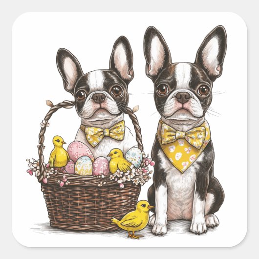 Easter Boston Terrier Dogs Quadratischer Aufkleber (Vorderseite)