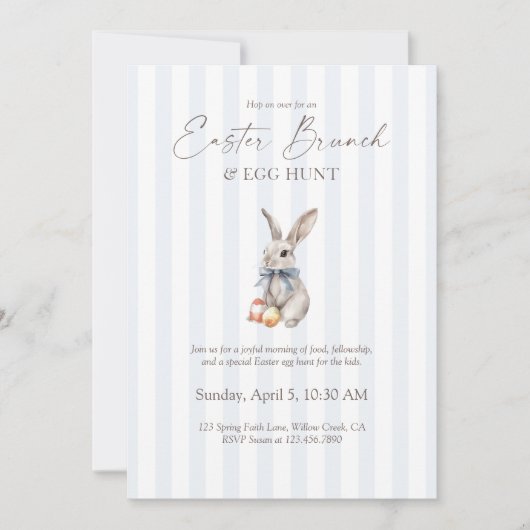 Easter Brunch and Egg Hunt Blue Stripe Bunny  Einladung (Vorderseite)