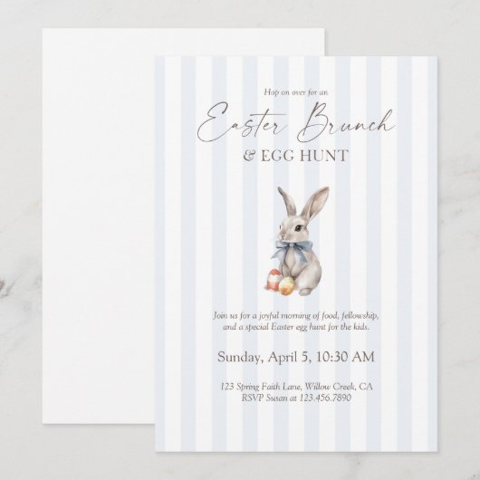 Easter Brunch and Egg Hunt Blue Stripe Bunny  Einladung (Vorne/Hinten)