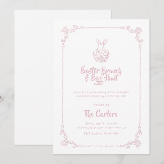 Easter Brunch and Egg Hunt Soft Pink Bunny Einladung (Vorne/Hinten)