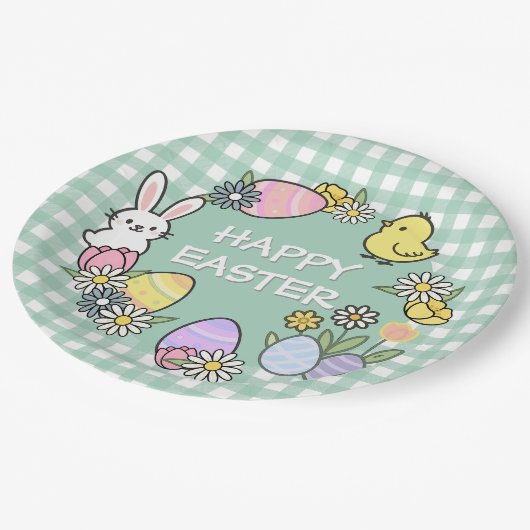 Easter Brunch & Egg Hunt Green Gingham Pappteller (Schrägansicht)