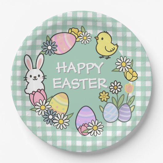 Easter Brunch & Egg Hunt Green Gingham Pappteller (Vorderseite)
