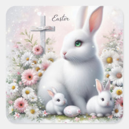 Easter Bunnies, Daisies and Cross Quadratischer Aufkleber