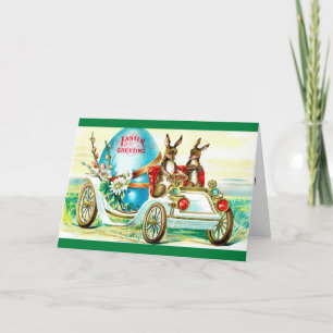 Easter Bunnies in a Motorcar Vintage Card Feiertagskarte