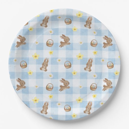 Easter Bunny Blue Gingham Pappteller (Vorderseite)